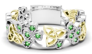 14K White & Yellow Gold coated silver Diamond .13cts Shamrock Celtic Knot  Band Ring Unisex Mens Ladies