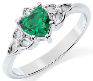 Diamond Emerald Silver Claddagh Celtic Trinity Knot Ring